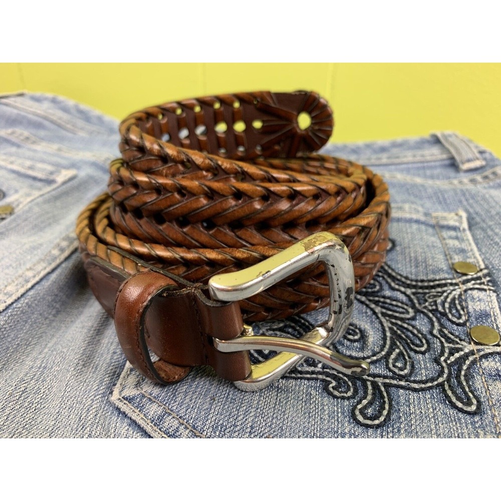 Woven Braided Leather Belt Size 36 Brown